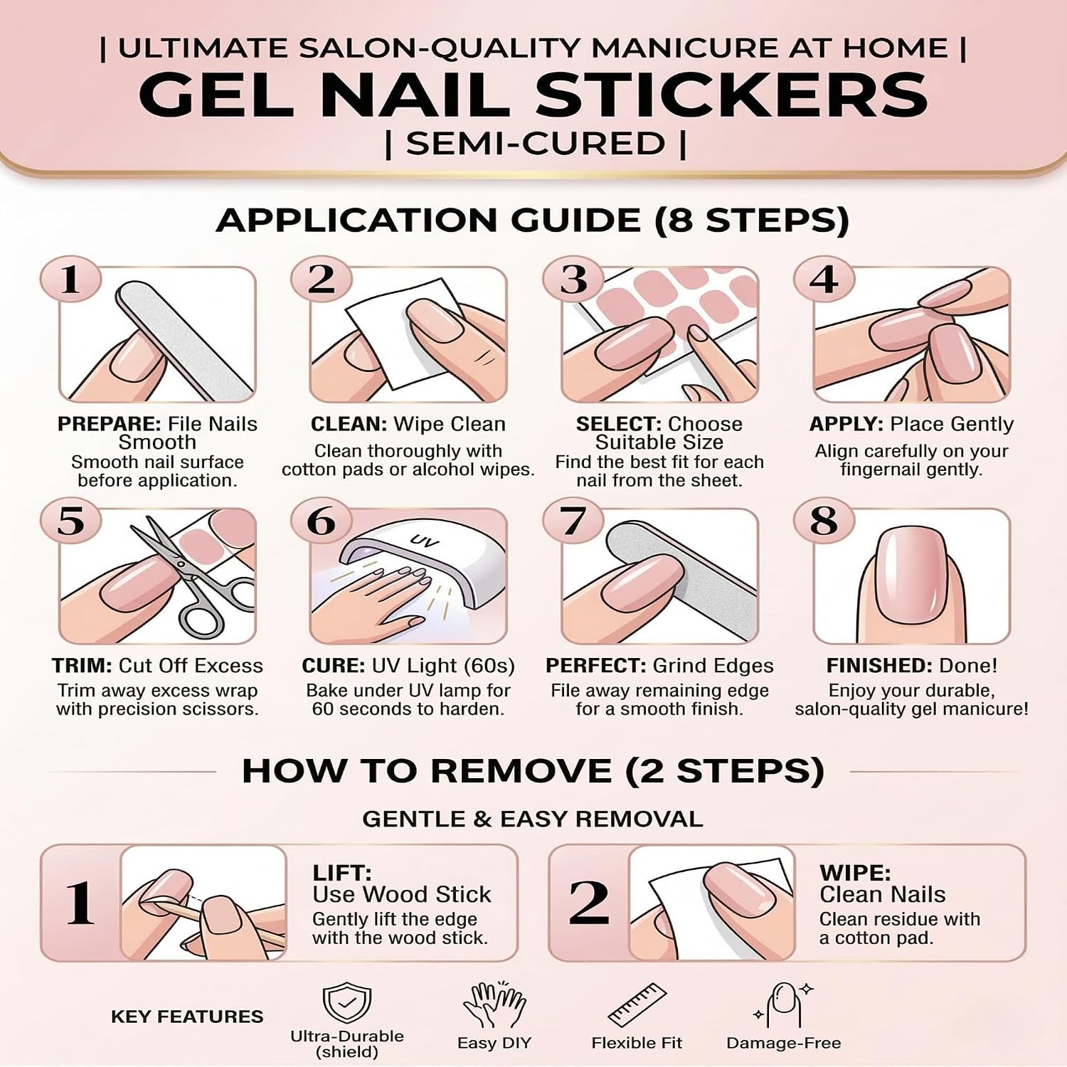 Semi Cured Gel Nail Strips, Jelly Nude Pink with Gold Glitter Gel Nail Wraps, Ultra-Thin Edge Snag-Free, UV/LED Lamp Required, 3D Dome Finish Long Lasting Manicure Kit, 20 Pcs