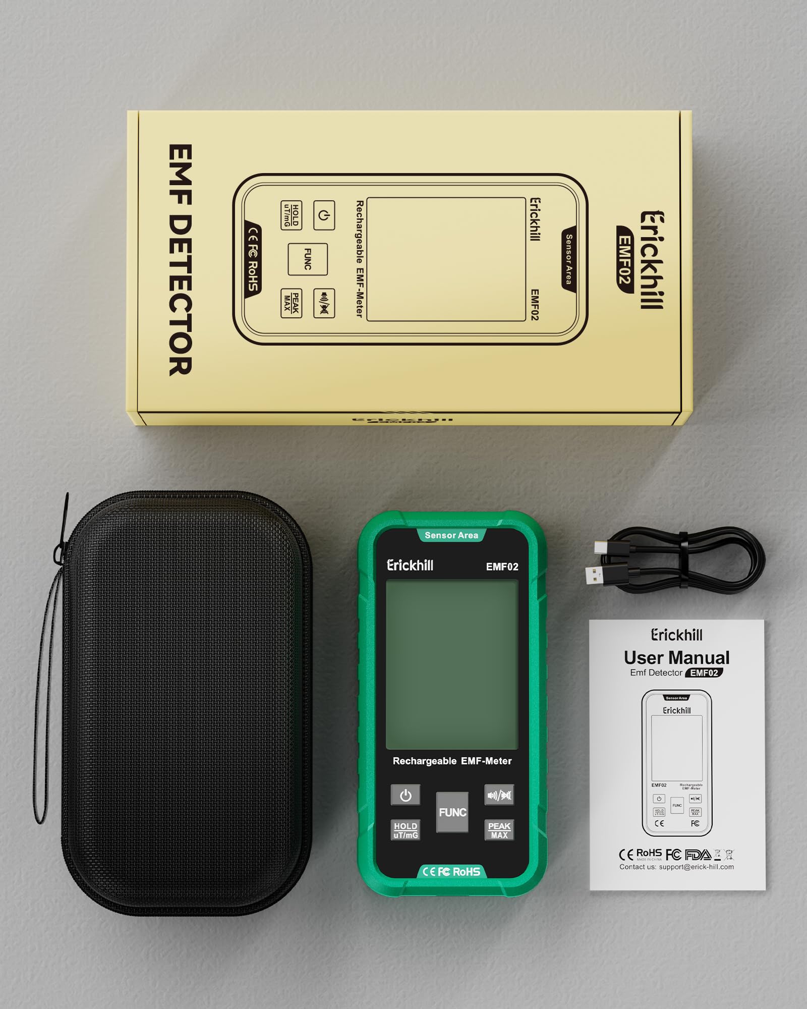 ERICKHILL EMF Messgerät, 3-in-1 Tragbares Elektrosmog Messgerät & Geisterjagd Equipment für RF, EF, MF & WLAN, Strahlungsmesser mit 3-Farben Alarm, Wiederaufladbarer Akku für Zuhause, Büro & Outdoor