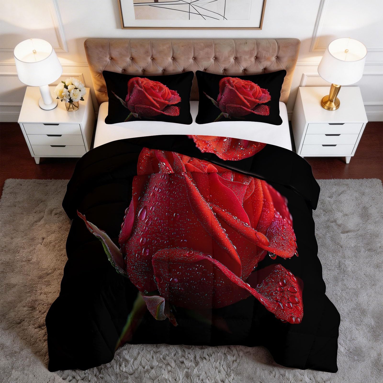 Trapunta Matrimoniale 150x200 cm Rose rosse Piumone 4 Stagioni Microfibra Traspirante Morbida, Trapuntino Copriletto Stampa 3D con 2 Federe 50x80 cm