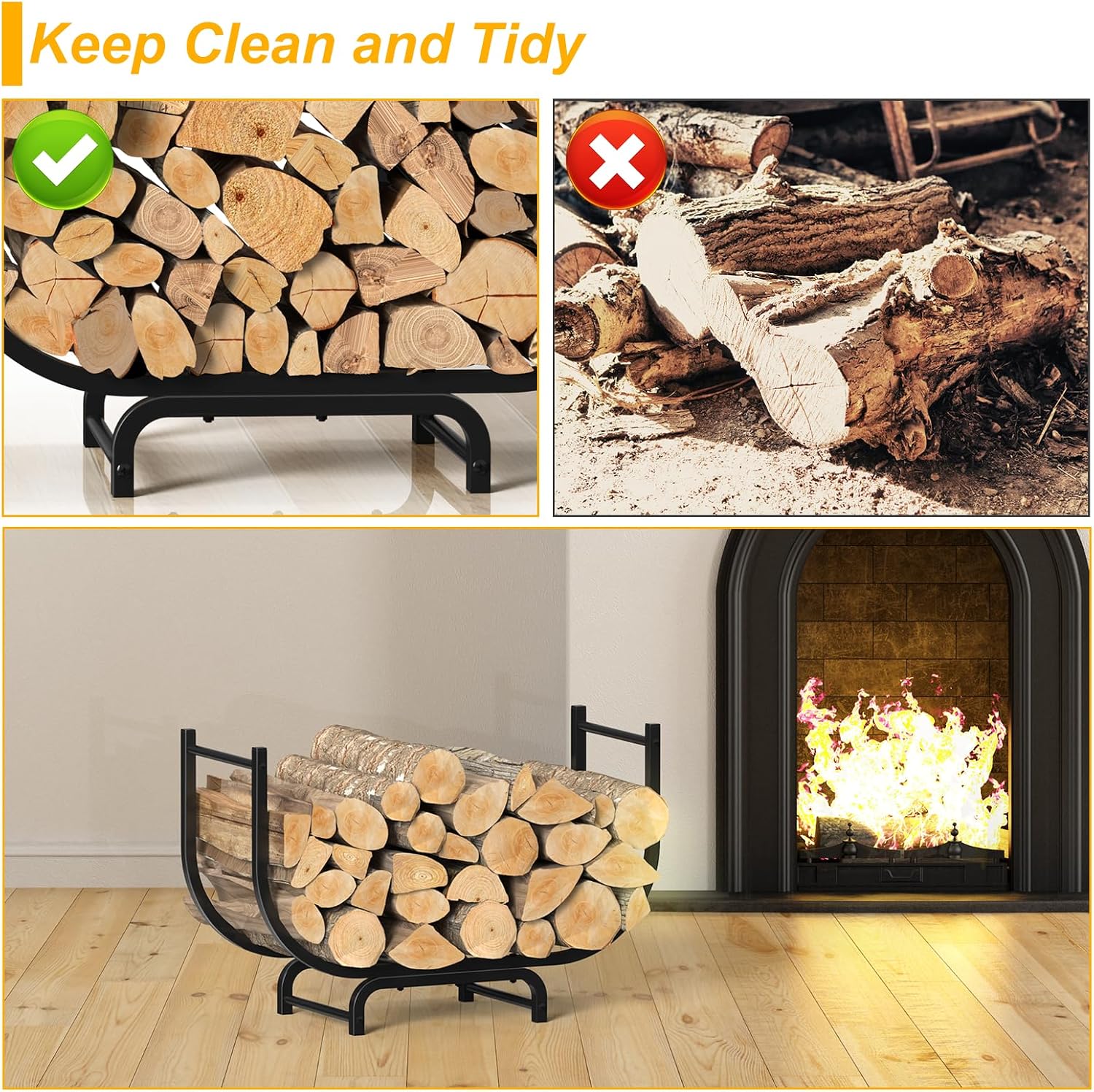 NANANARDOSO Curved Firewood Rack,32 inches Powder Coated Wood Storage Rack Rustproof Metal Log Firewood Holder for Fireplaces Wood Storage,Black