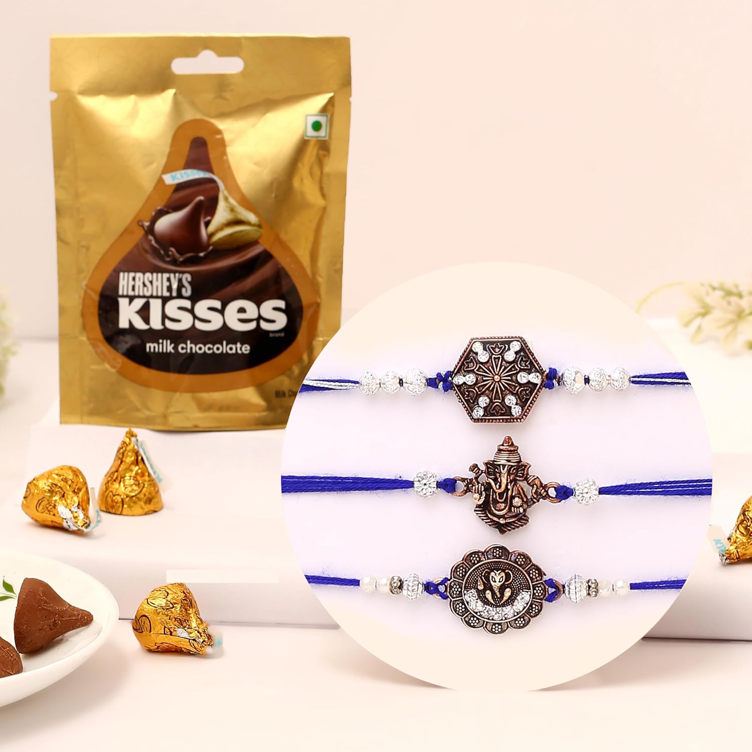 The Purple Tree Raksha Bandhan Gift Combo with Rakhi and Premium Milk Chocolates | 3 pc Silver Ganesha Rakhis for Brother with chocolate, Roli Chawal and card | Rakshabandhan Gift Hamper for Bhai