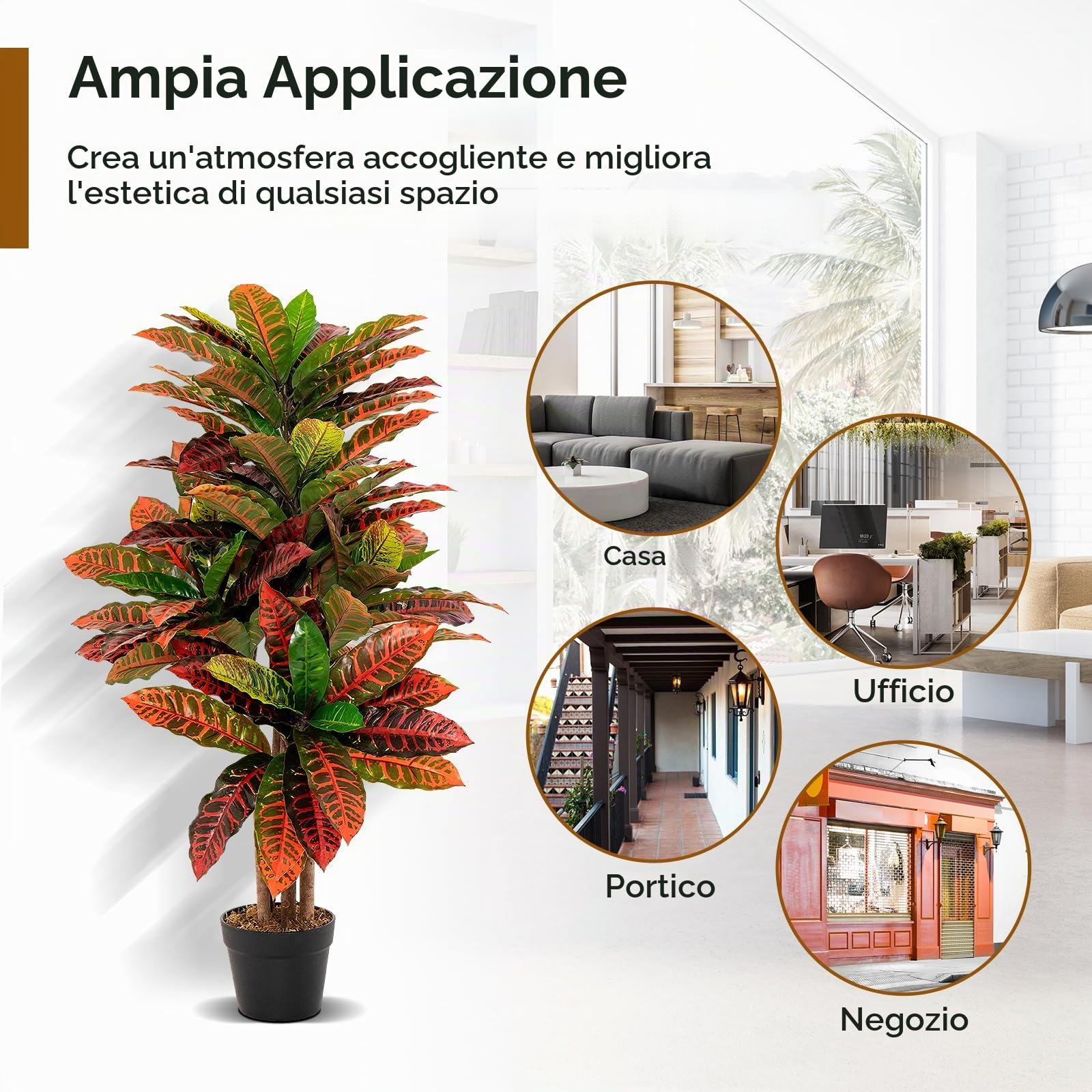 RELAX4LIFE Piante Finte da Interno 100 cm, Albero di Croton Artificiale, Pianta Finta Realistica con Tronco Naturale in Legno, Decorazione Domestica