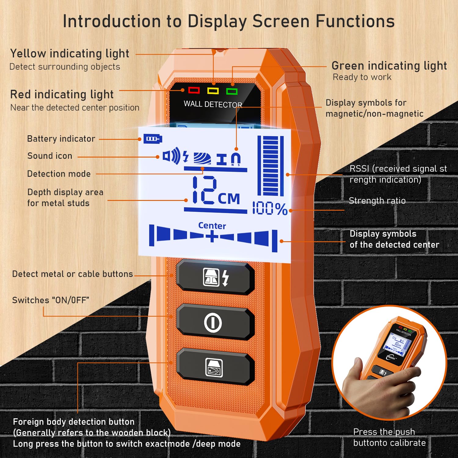 PIGADA Détecteur mural 6 en 1, détecteur de métaux jusqu'à 12 cm, écran HD LCD, testeur bois/métaux/fil CA