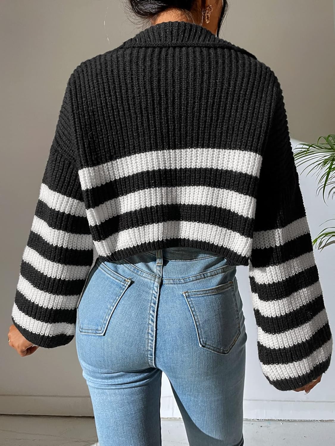 Women's Sweater Striped Pattern Half Zip Drop Shoulder Sweater Sweater for Women (Color : Black, Size : Medium)