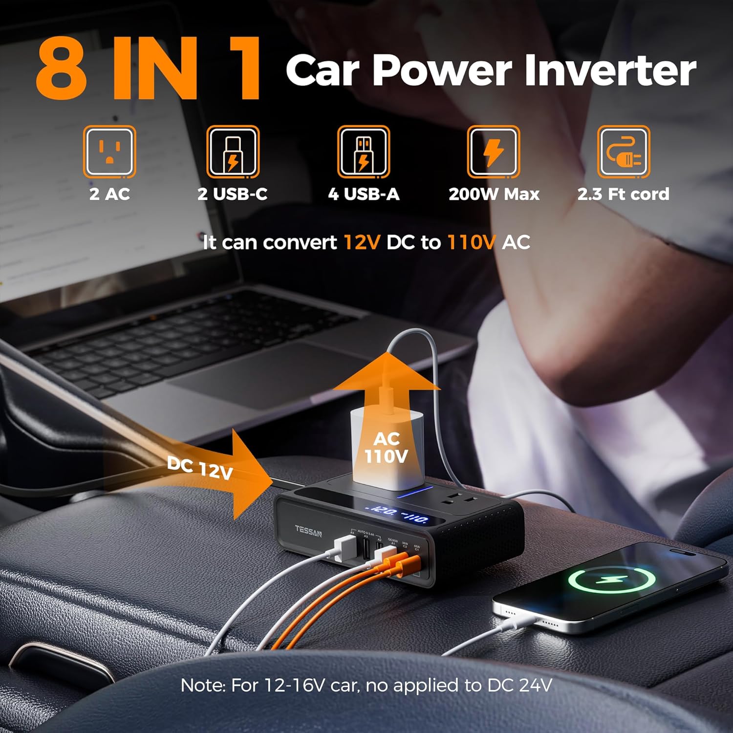 200W Car Power Inverter, TESSAN 12V DC to 110V AC Converter with 2 AC Outlets and 6 USB Ports with 65W USB-C, Car Charger Adapter PD/QC 3.0 Fast Charging, Car-Essentials for Camping, Road Trip, Black