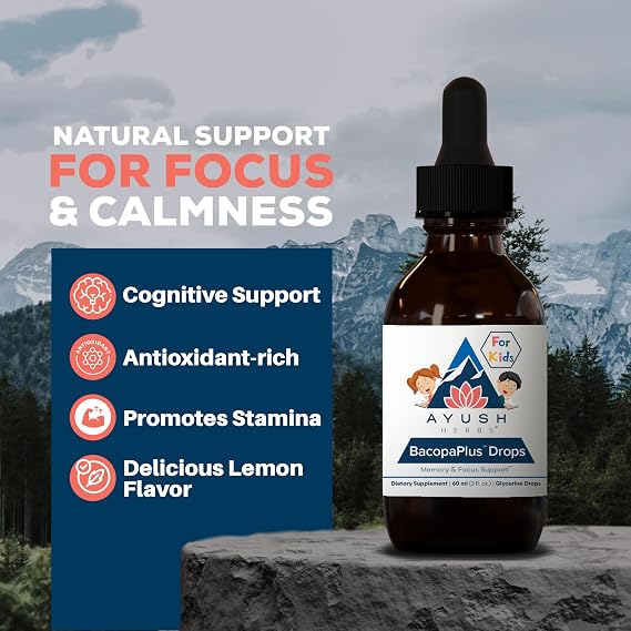 قطرات Ayush Herbs BacopaPlus للأطفال - مكمل التركيز والانتباه للأطفال مع باكوبا، أشواغاندا، الجنكة، دعم الدماغ والذاكرة، المكونات العضوية - 2 فل أوز (80 حصة)