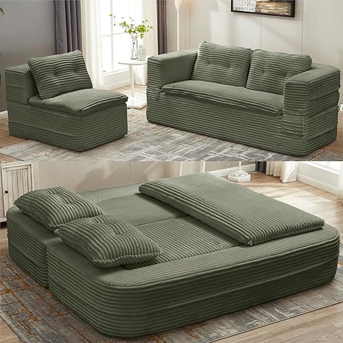 2 Pieces Sofa and loveseat Set, Convertible Queen Sleeper Couch Bed for Living Room, Foam Folding Futon Love seat Sofa, Button Tufted Upholstered Furniture, No Assembly Couches for Bedroom, Green