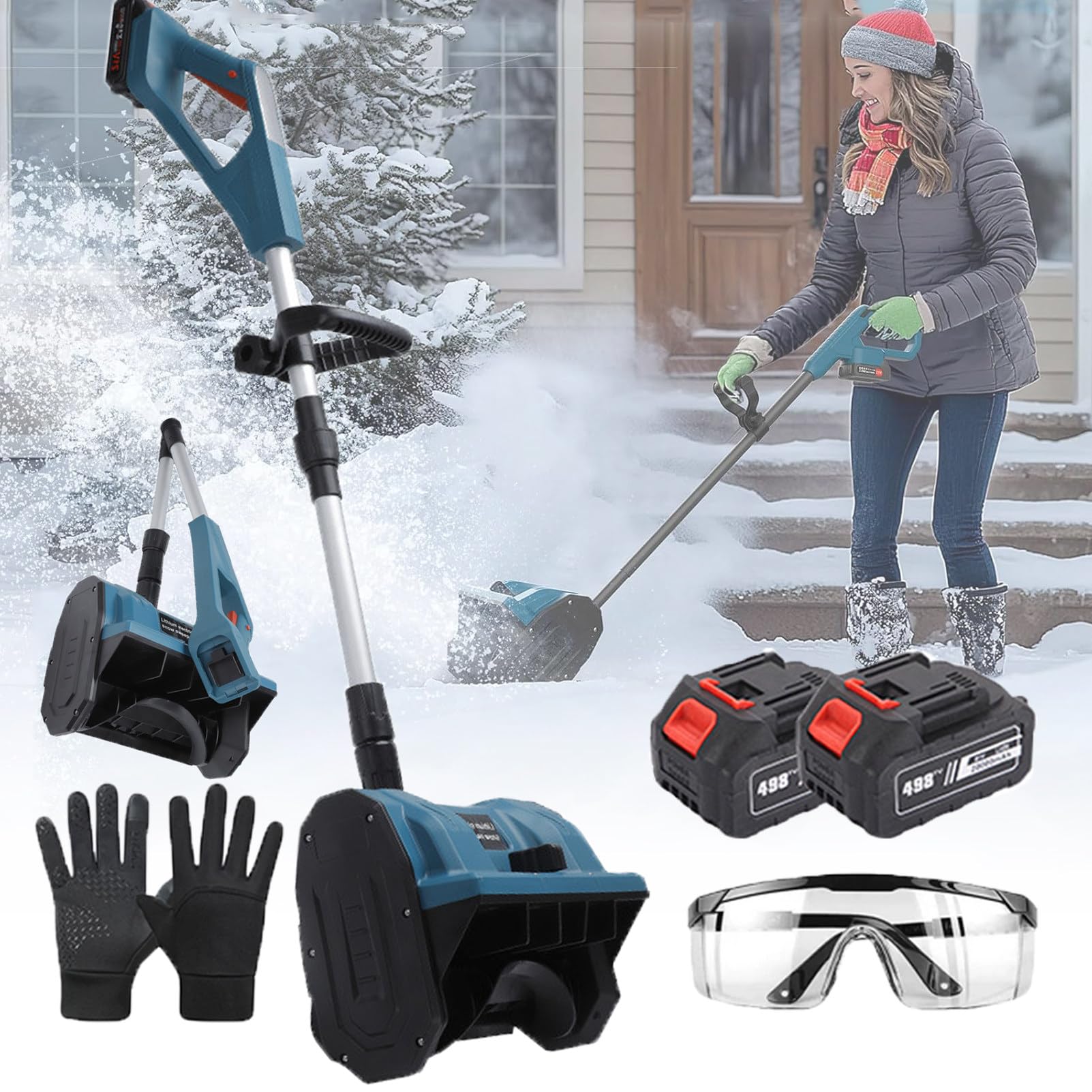 Spazzaneve elettrico, senza fili, pieghevole, con motore brushless per una rimozione efficiente della neve, distanza di lancio di 7,9 m, ideale per la pulizia invernale