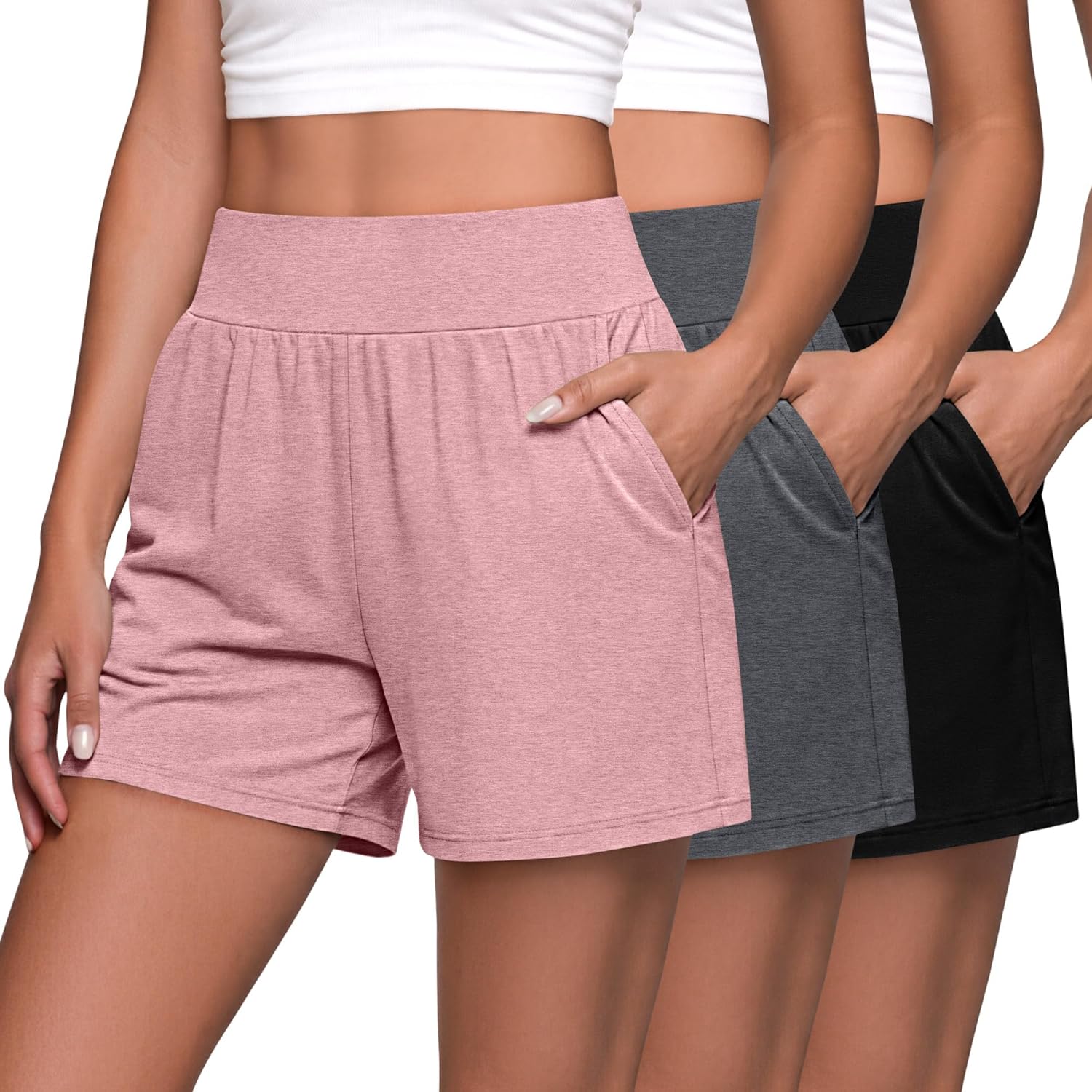 Neer 3 Pack Women's Athletic Shorts 5'' High Waisted Elastic Workout Wide Leg Causal Yoga Gym Lounge with Pockets