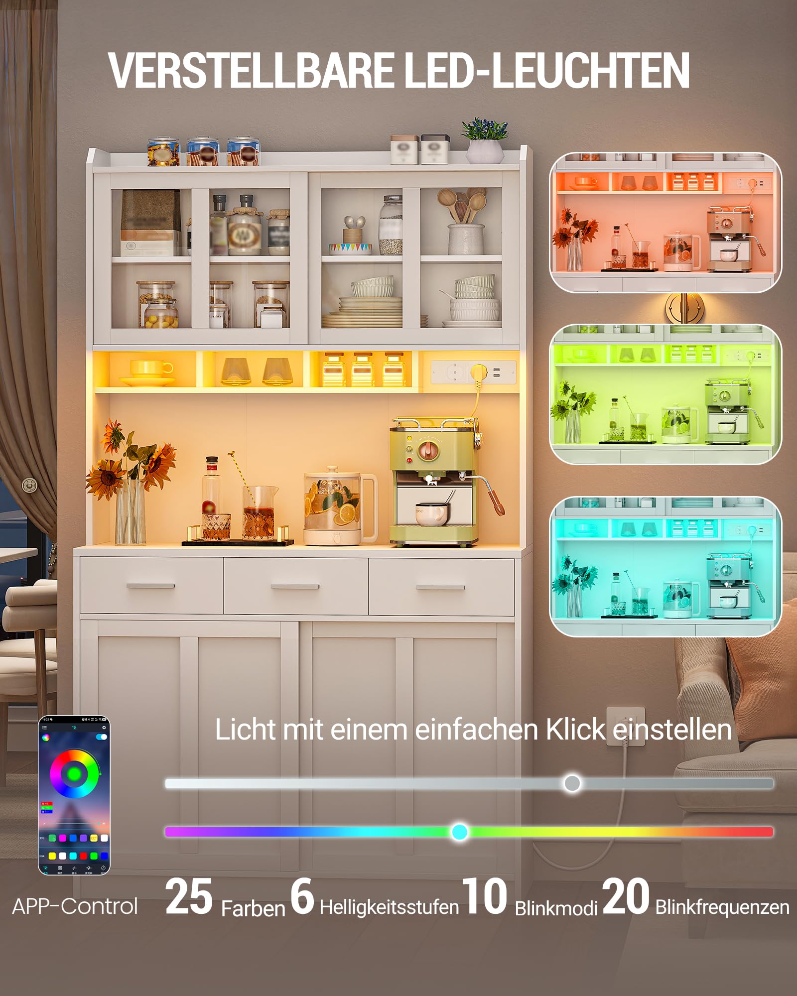 Hzuaneri Küchenschrank, Sideboard mit Arbeitsplatte und 3 Schubladen, Verstellbare Einlegeböden, Schiebetüren, für Küche oder Esszimmer, 40 x 100 x 185 cm, Weiß 0110203XEU