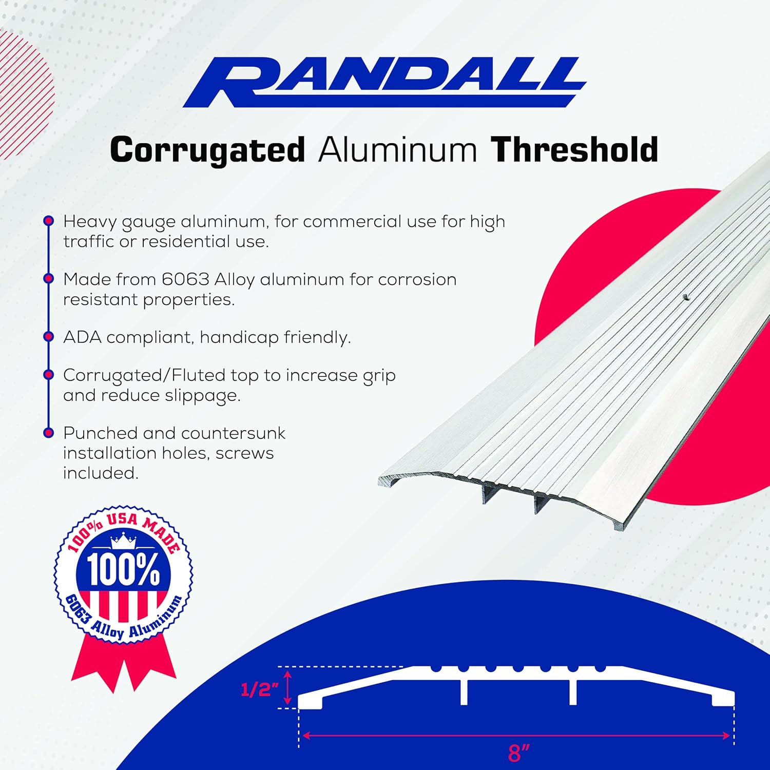 36" X 8" Wide × 1/2" High Heavy‑Duty Corrugated Aluminum Threshold – Pre‑Punched, Includes Screws, ADA‑Compliant, Made in USA