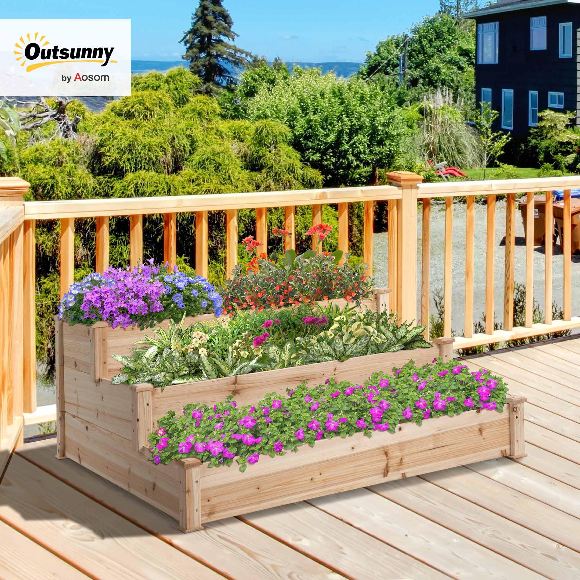Outsunny Jardinera Exterior Grande de Madera Arriate de Jardín de 3 Niveles con Diseño de Escalera Huerto Urbano para Cultivos Plantas Flores para Patio Terraza Balcón 120x120x56 cm Natural