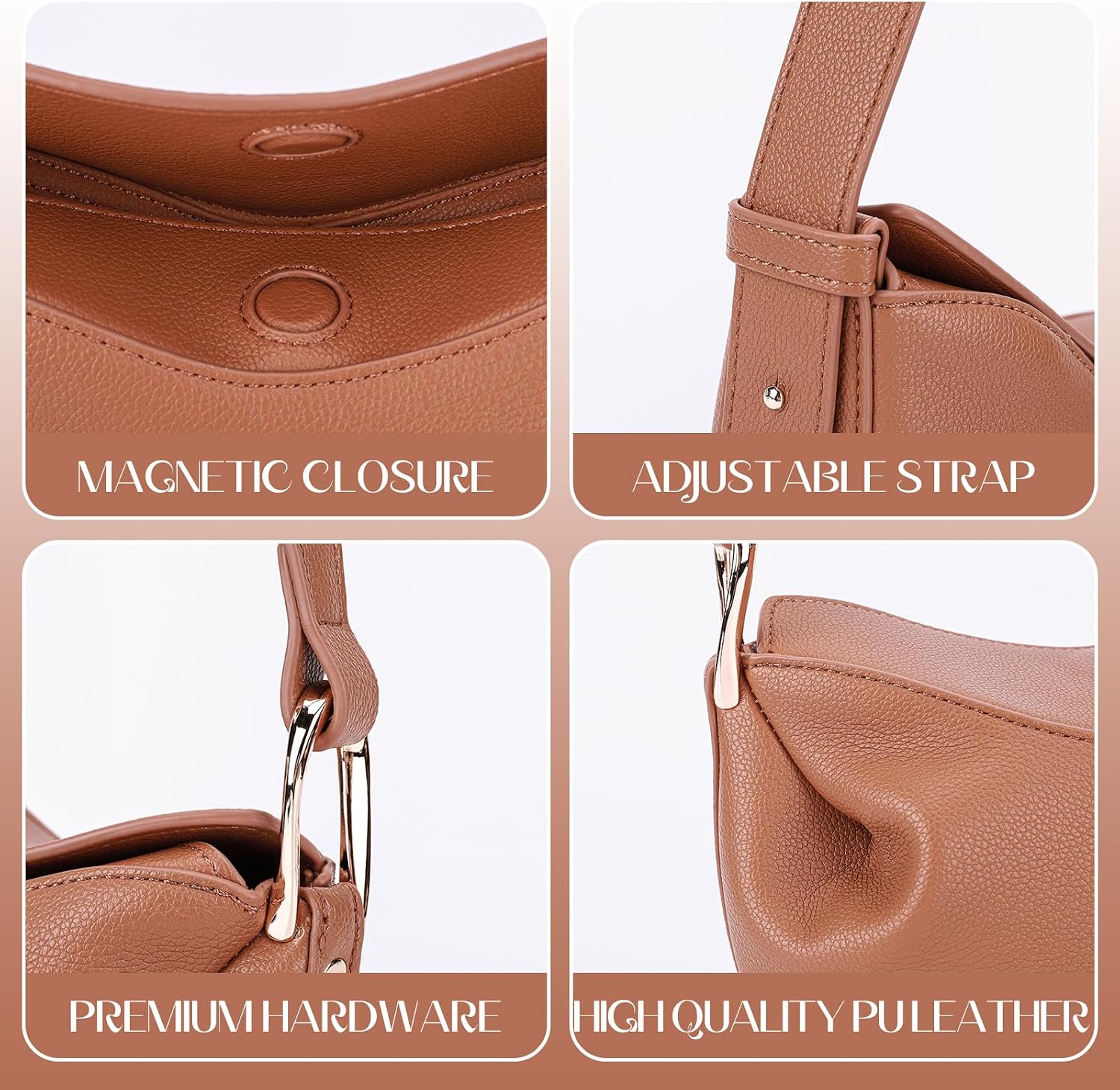 Women Brown PU Leather Satchel Dumpling Bag, 240.00*170.00*70.00mm/9.45*6.69*2.76inch, Solid Color, Adjustable Shoulder Strap