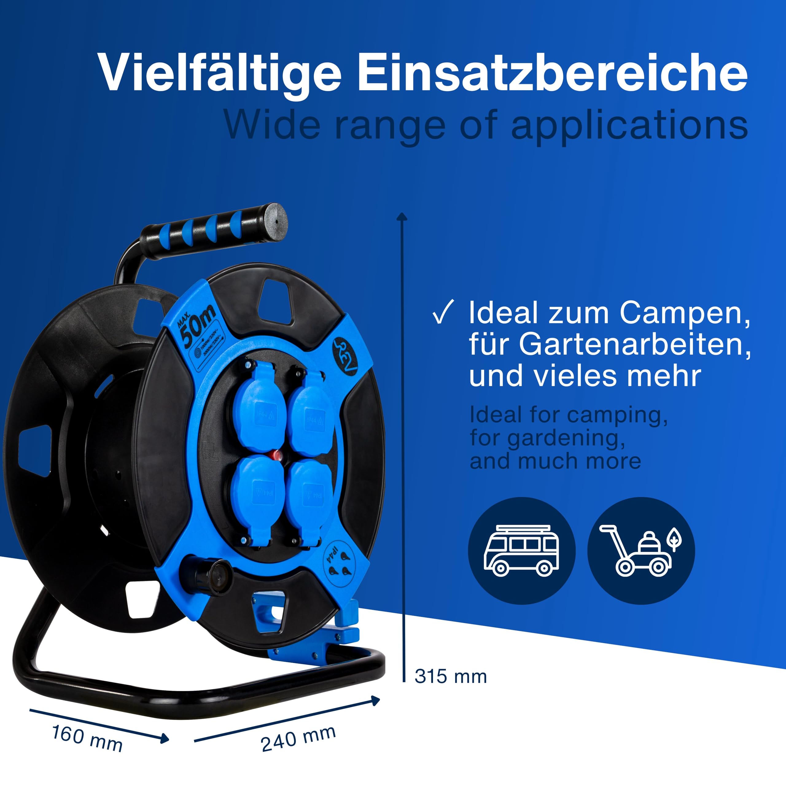 REV Enrouleur de câble sans fil IP44 extérieur 4 prises Schuko sans fil Bleu