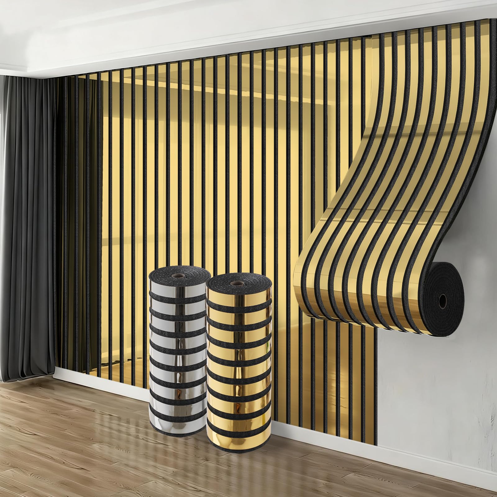 Takezuaa 3 Roll Self Adhesive Thermal Insulation Wallpaper 6mm Thick Mirror Imitation Grille Stripe Metallic Peel and Stick Wallpaper for Living Room,Bedroom 40cm x 3m - Gold