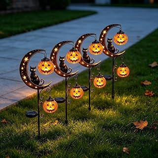 ソーラー ハロウィン 黒猫 & パンプキン 月 風景 パス ライト 屋外 | パンプキンムーンガーデンステークライト付き防水ソーラーガーデンデコレーション、庭の通路に最適な屋外芝生の装飾