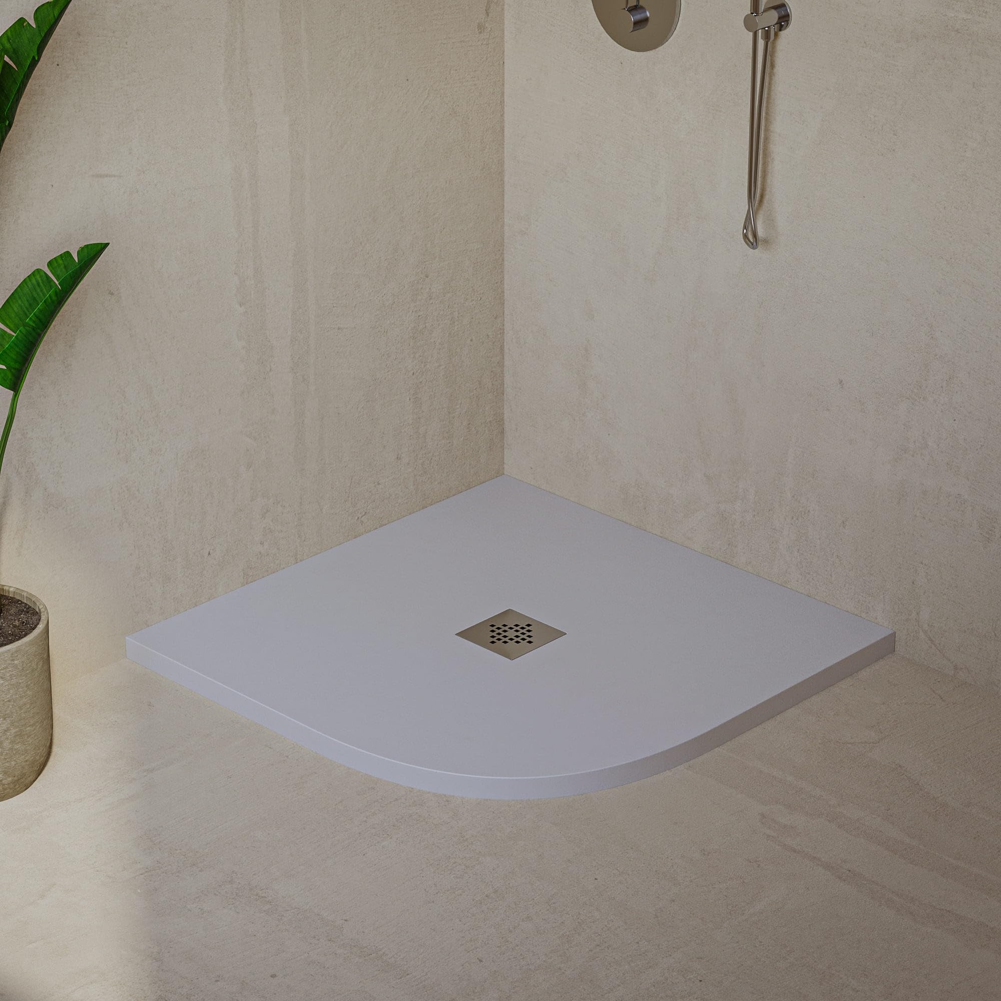 Soulhome Plato de Ducha Semicircular 70x70 Blanco - Rejilla Inox | Antideslizante C3, Extraplano, Resina y carga mineral, Textura Liso Piedra, Antibacteriano, Gel-coat, Incluye válvula desagüe