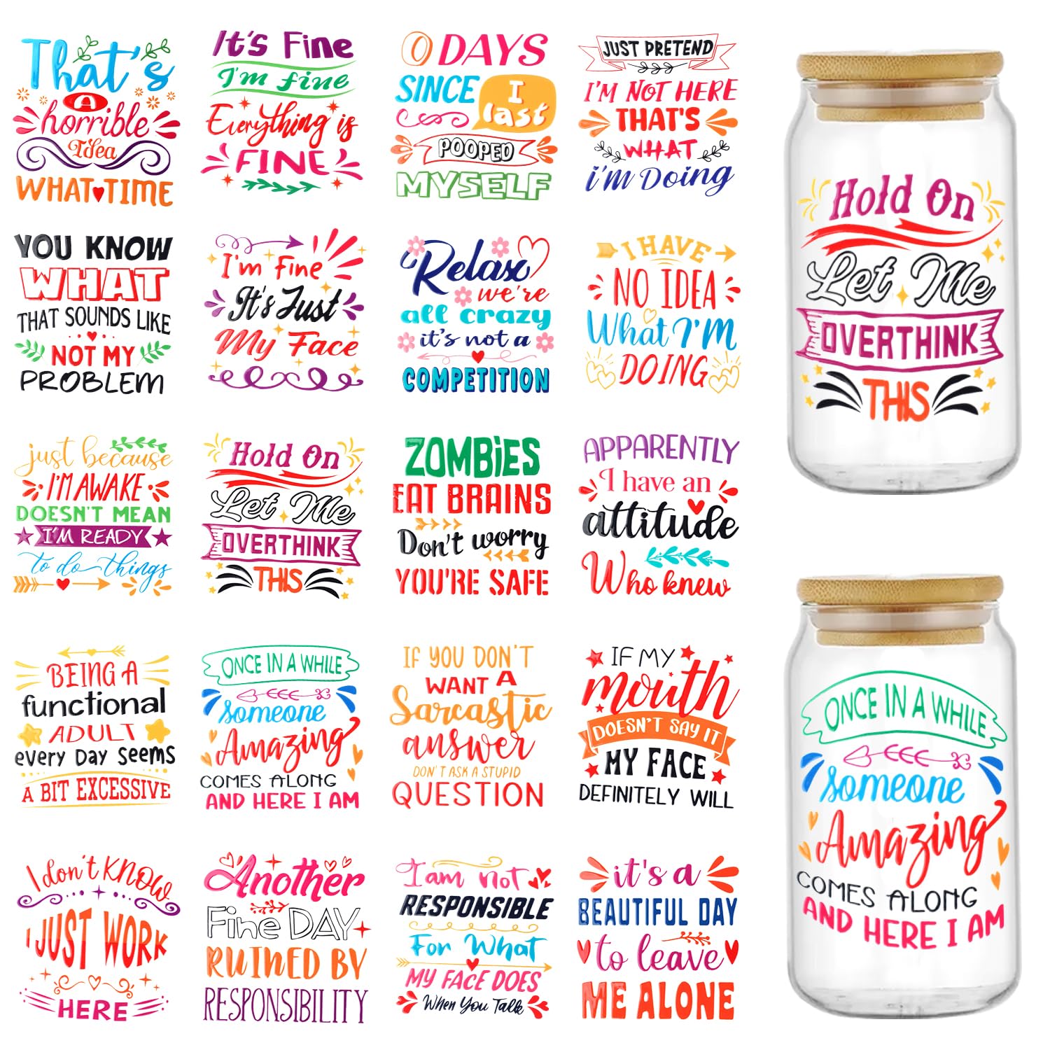 UV DTF Cup Wrap, 20 Sheets Funny Sarcastic UV DTF Stickers Uvdtf Cup Wraps for 16oz Glass DIY Water Bottle Fun Stickers Decal