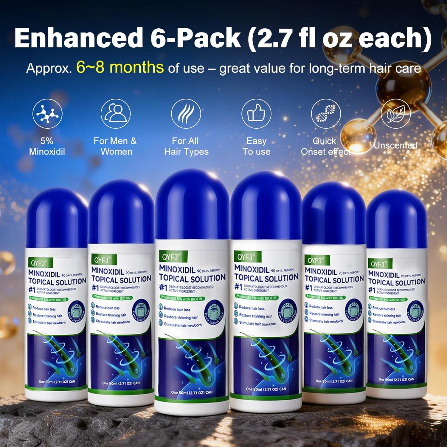 6 Pack 5% Minoxidil for Men and Women,Minoxidil Beard and Hair Growth Serum(Biotin-Infused) with Sponge Applicator for Thinning Hair and Sparse Beards,8-Month Supply 6 x 2.7 FL OZ - Image 7