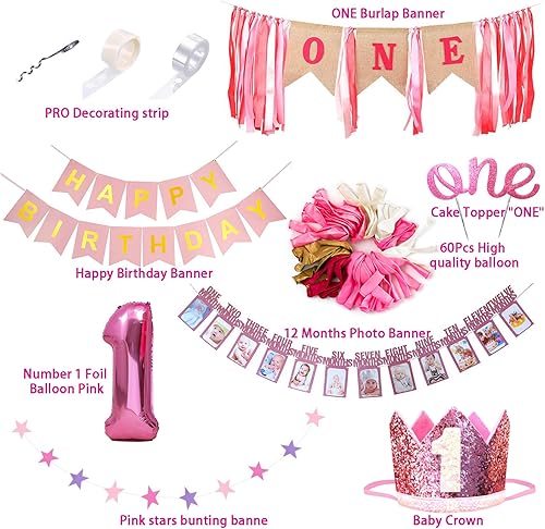 Miniatura 3 de Kit de decoración de primer cumpleaños para niña y guirnalda de globos rosa y dorado para decoración de pancarta de silla alta, corona rosa,