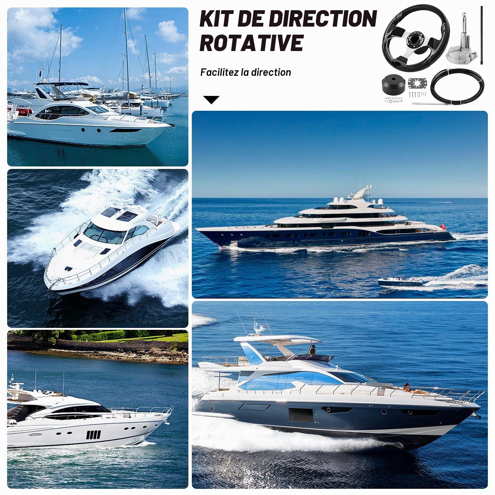 Système de direction mécanique rotatif 487 cm, câble de commande hors-bord, systèmes de direction marine pour yachts, bateaux de pêche et autres bateaux - avec volant
