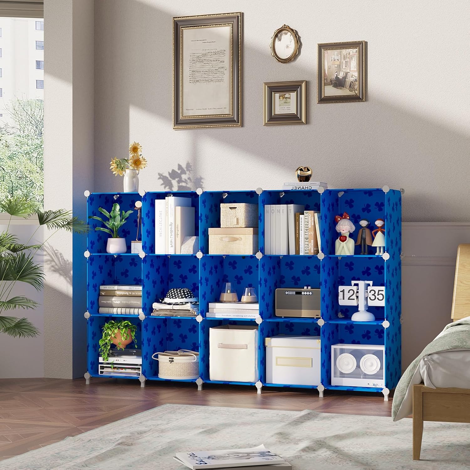 UNKU Cube Storage Organizer, 16 Cube Closet Organizer Storage Shelves, DIY Stackable Bookcase, Clothes Organizer Shelf for Closet, Bedroom, Living Room, Cabinet, Home, Office, Dark Blue Blue 15cube-Trefoil