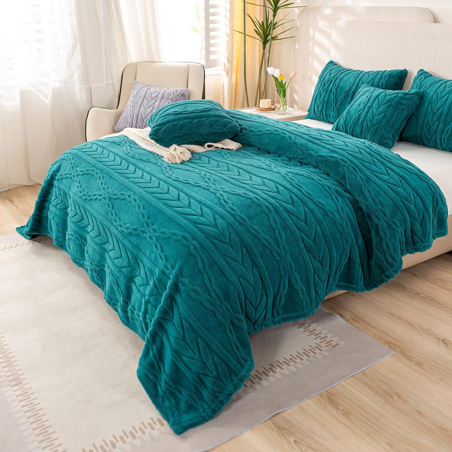 YUSOKI Sherpa Queen Size Blanket(Without Pillows)-3D Stylish Design Super Soft Blankets for Teen Girls Women Couch Bed Sofa Chair Men Boys Gift(Teal,90"x90")