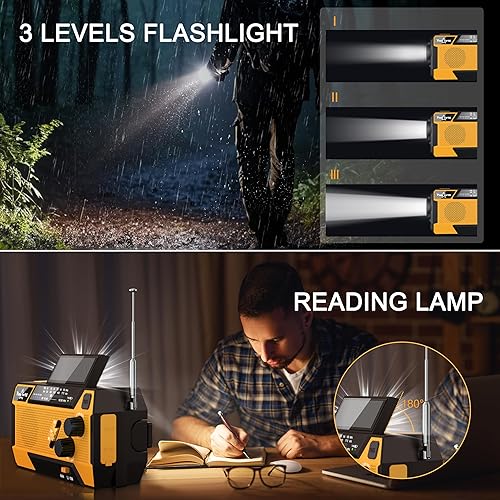 Miniatura 6 de Radio de Emergencia con Manivela Manual 7400mWh (2000mAh) Radio Solar con Manivela Manual con 3 Cables de Carga Incorporados AMFMNOAA Radio