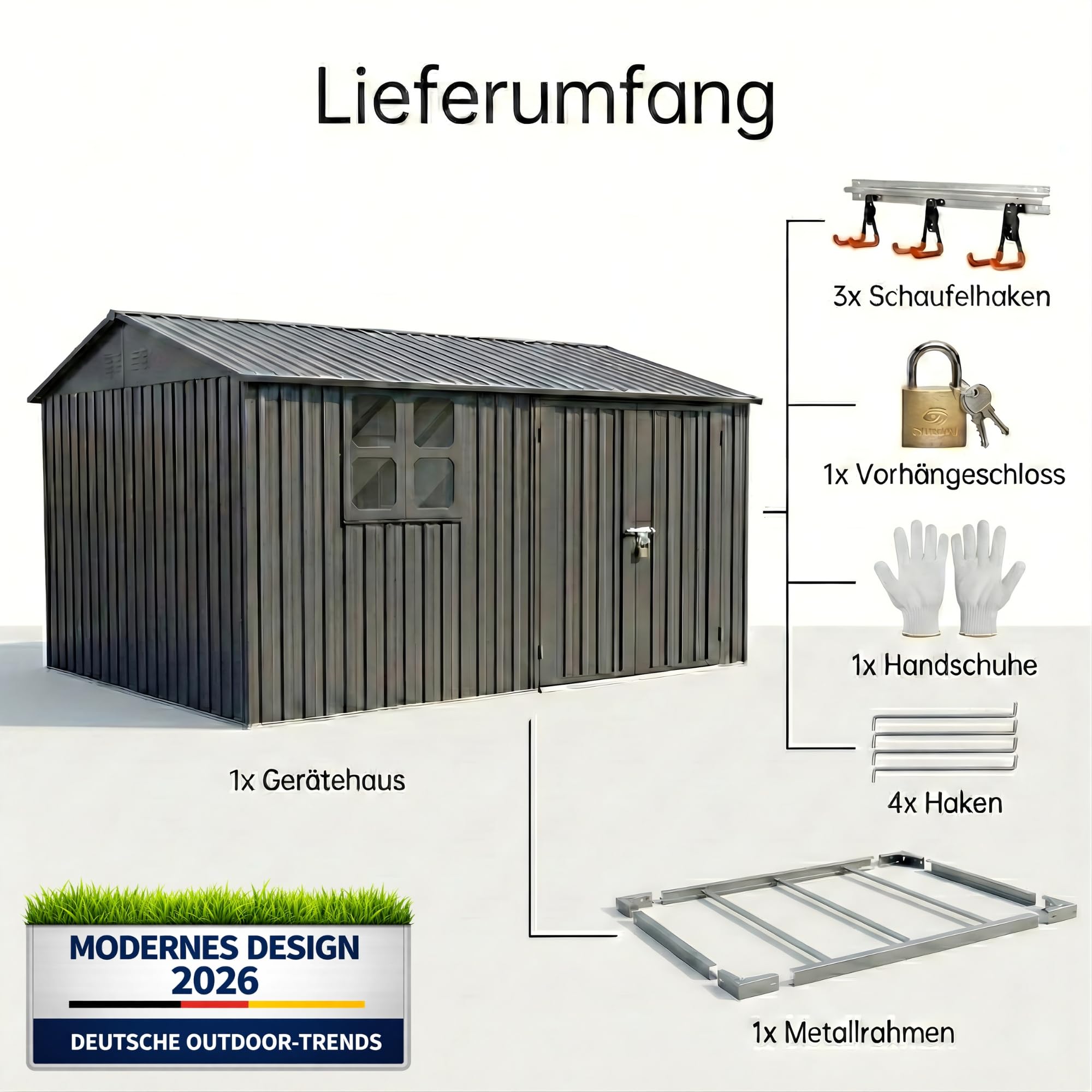 Albatros Gerätehaus 3XL | Anthrazit RAL 7016 | 371x304x201cm (22,6m³) | abschließbar inkl. Schloss & Werkzeughaken | Gartenhaus aus verzinktem wetterfestem Metall | Geräteschuppen Gartenschrank