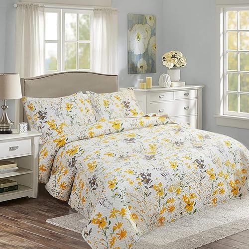 Miniatura 2 de Ycosy Juego de edredón floral reversible tamaño King, colcha ligera de diente de león morado, hojas verdes, para todas las estaciones, 1 edredón + 2