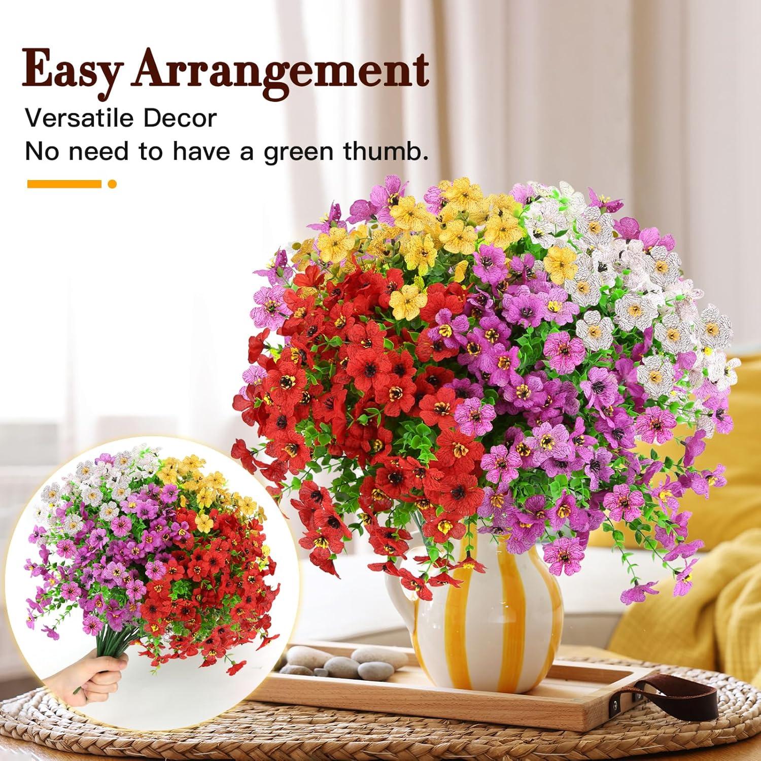MERIXMAS 24 Bundles Artificial Flowers for Outdoors Decorations, Fake Flowers Artificial Plants Outdoor, Colorful Daisy Eucalyptus Realistic UV Resistant for Garden Patio Porch Home Decor