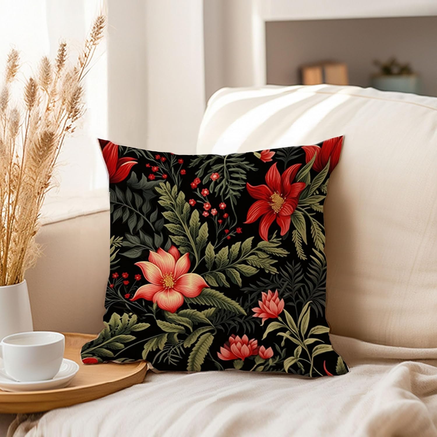 Ethan Taylor Floral Throw Pillow Soft Cushion Cover 'William Morris Flowers I Flowers Classic Cottage and Cottagecore' Pattern Decorative Square Accent Pillow Case, 16x16 Inches, Red, Green