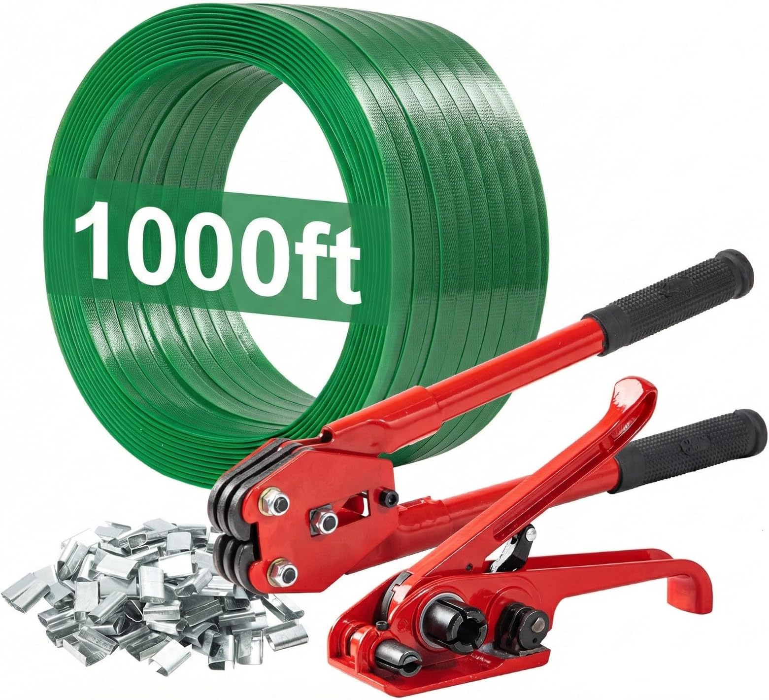 Pallet Banding Strapping Kit with Tools, 5/8" x 1000 Ft Heavy-Duty Green PET Strapping (1480 lbs Break Strength), Tensioner & Sealer Tool, 100 Metal Seals for Shipping, Bundling & Cargo