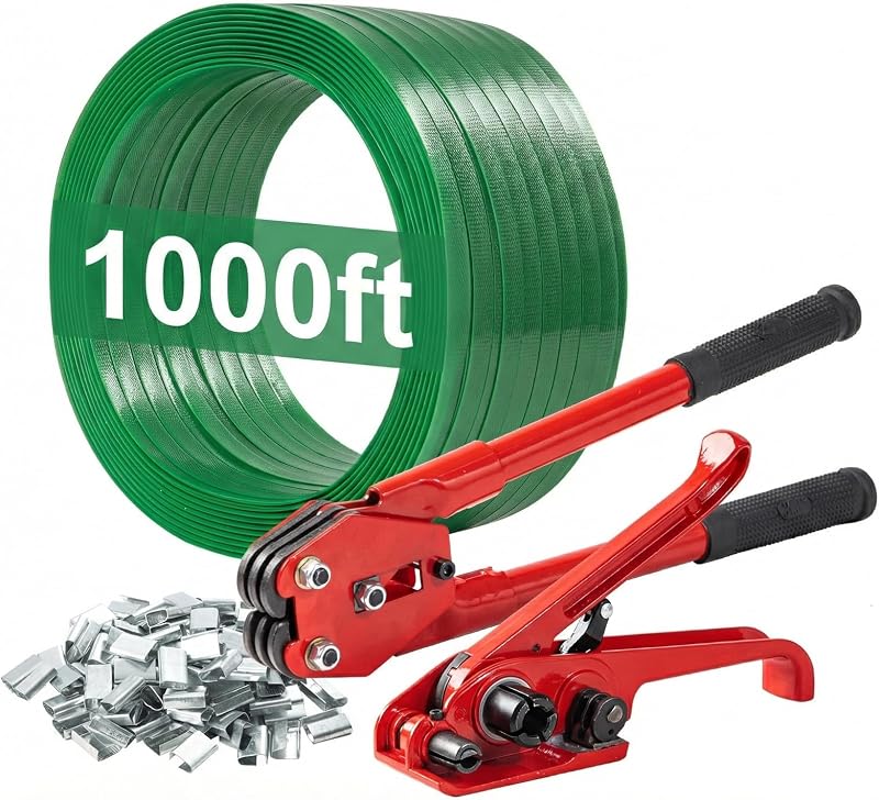 Pallet Banding Strapping Kit, Packaging with Green 5/8" x 1000 Ft PET Strap | 1480 lbs Break Strength Heavy-Duty PET Strapping, Tensioner & Sealer Tool, 100 Metal Seals, For Shipping, Bundling & Cargo