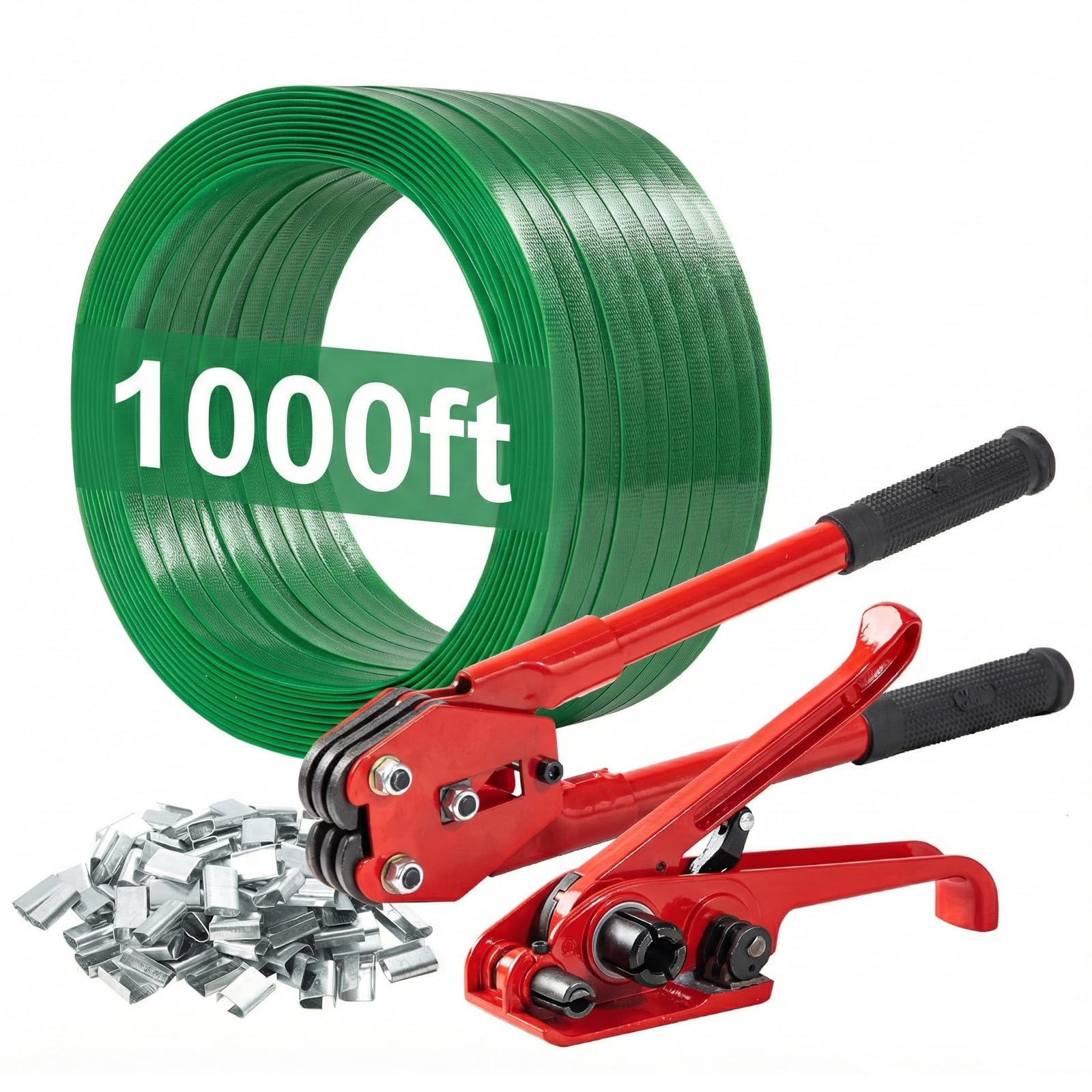 ZUEDA Pallet Banding Strapping Kit, 5/8"x 1000' Heavy Duty PET Strapping with Tensioner and Sealer Tool, 100 Metal Seals for Shipping, Moving, Warehouses, and Industrial Bundling, 1480 lbs Break