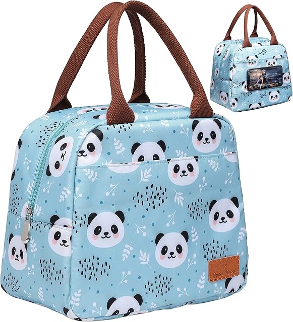 Bagseri Lunch Bag, Insulated Lunch Box for Women Girls, Reusable Lunch Cooler Bags, with Transparent Phone Holder Pocket, Large Capacity Water-Resistant Lining (Blue Panda)