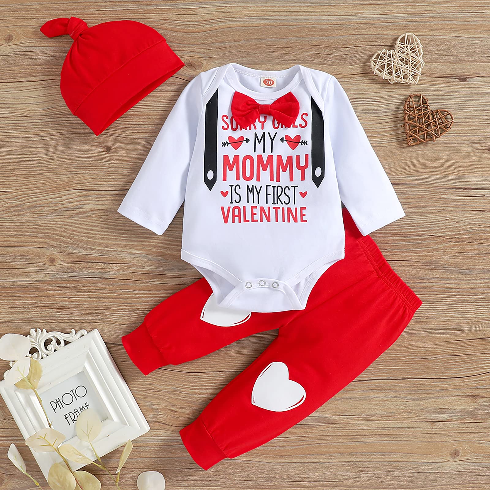 LouVasabuce My First Valentine's Day Outfits For Infant Baby Boy Long Sleeve Romper Bodysuit Heart Letter Trousers Hat Set (Red White, 6-9 Months)