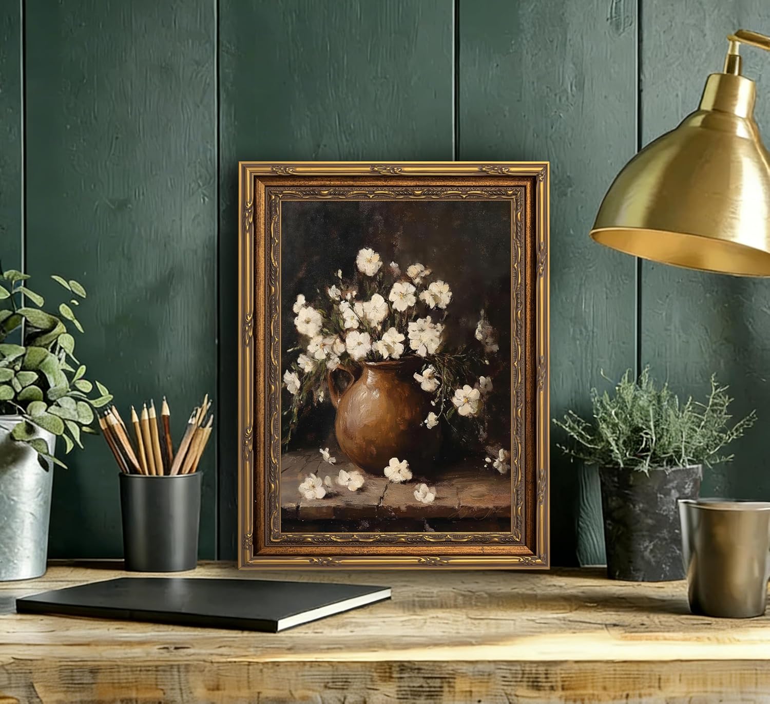 3D Textured Canvas Wall Art Vintage Carved Gold Frame Vintage Rustic Farmhouse Floral White Floral Still Life Brown Pitcher Flower Relief Poster Print Artwork for Living Room Bedroom Home Decor
