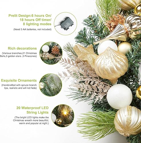 Miniatura 4 de GAOMON Corona de Navidad para puerta delantera, corona de Navidad al aire libre de 24 pulgadas, corona de Navidad a pilas con adornos de bola dorada