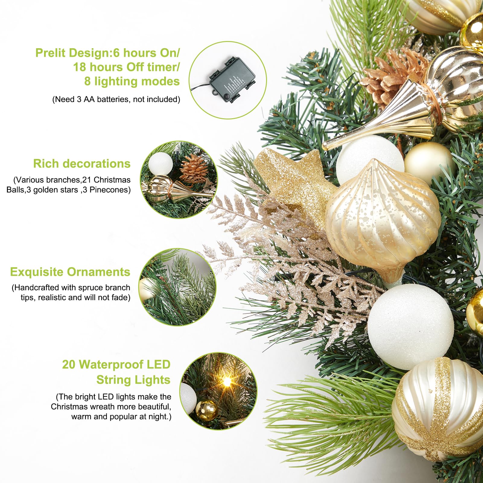 Couronne de Noël Lumineuse de 61 cm, Couronne de Noël pré-éclairée avec Pommes de pin et Accents dorés, Couronne de pin à lumière Blanche Chaude, décoration d'intérieur pour Porte d'entrée, fenêtre