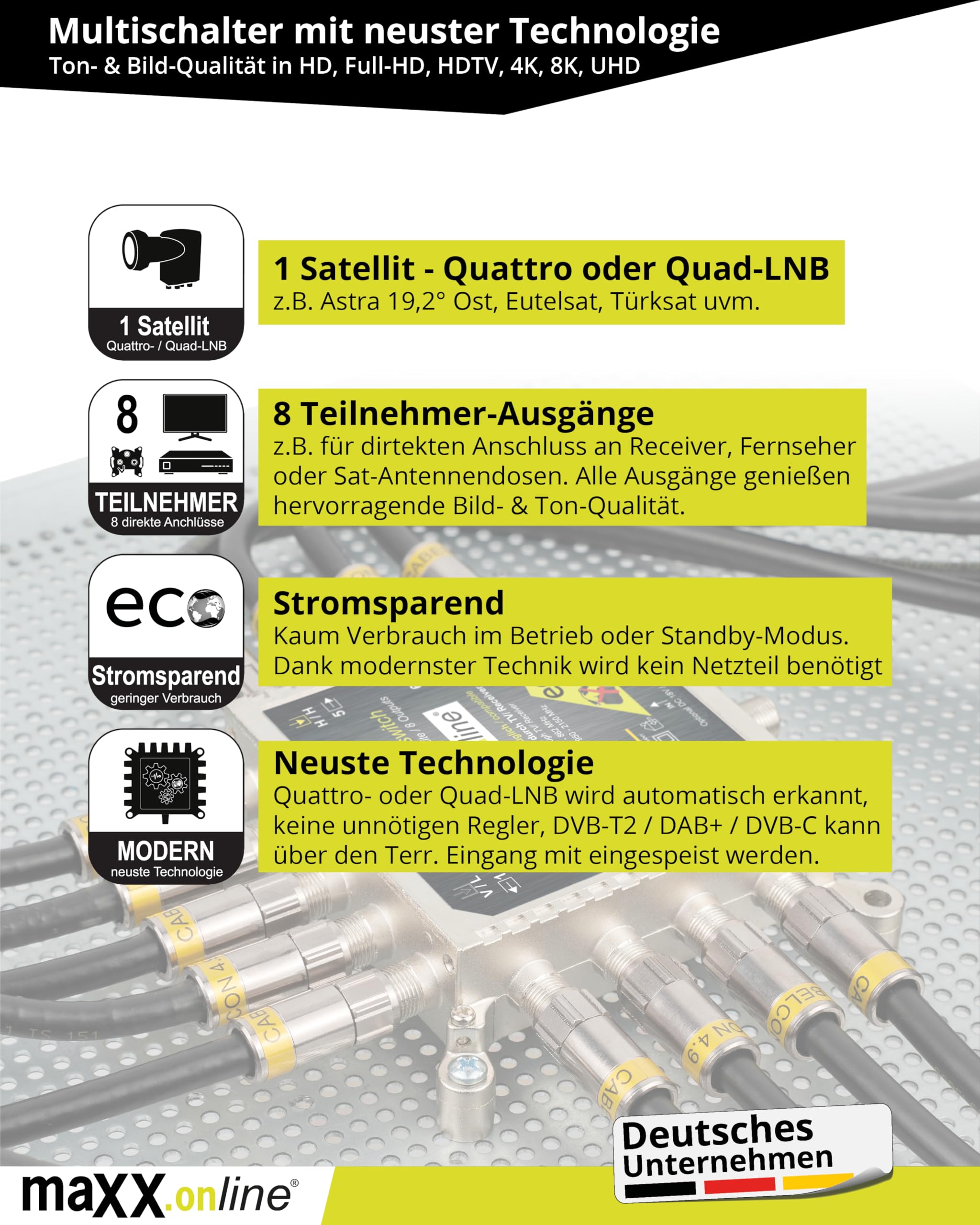 Multiconmutador 8 participantes, 1 satélite, apto para Quad y Quattro LNB, no necesita fuente de alimentación, multiconmutador satélite, multiconmutador múltiple