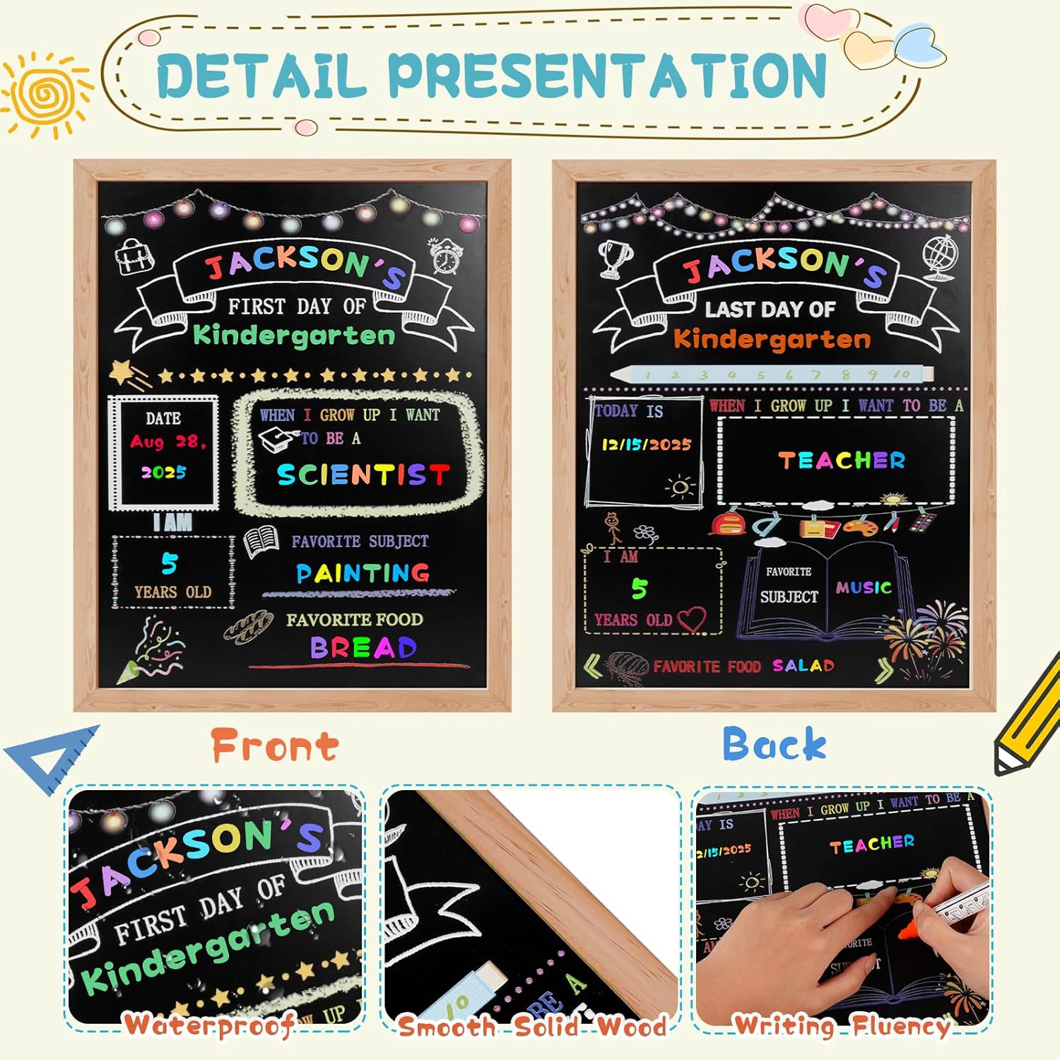 Stondino First Day of School Sign-16"x12"Wooden First and Last Day of School Board Double Sided Chalkboard with 8 Liquid Chalk Markers, Reusable Back to Schools Sign for Kindergarten Preschool