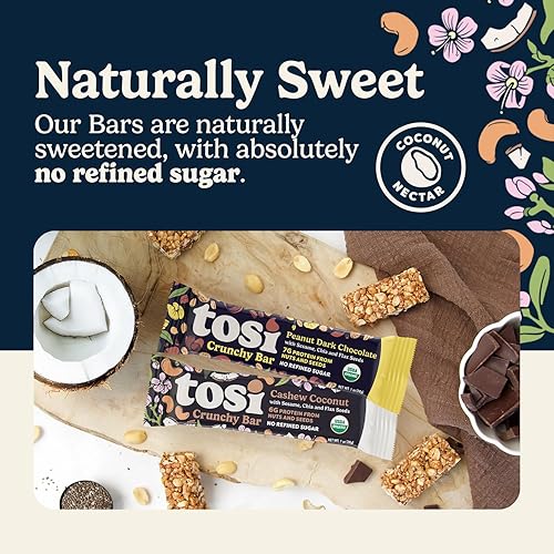 Vista 5 de Tosi Combo de barras de proteína de cacahuete de anacardo y coco y chocolate oscuro, a base de plantas con nueces, aperitivos crujientes sin gluten
