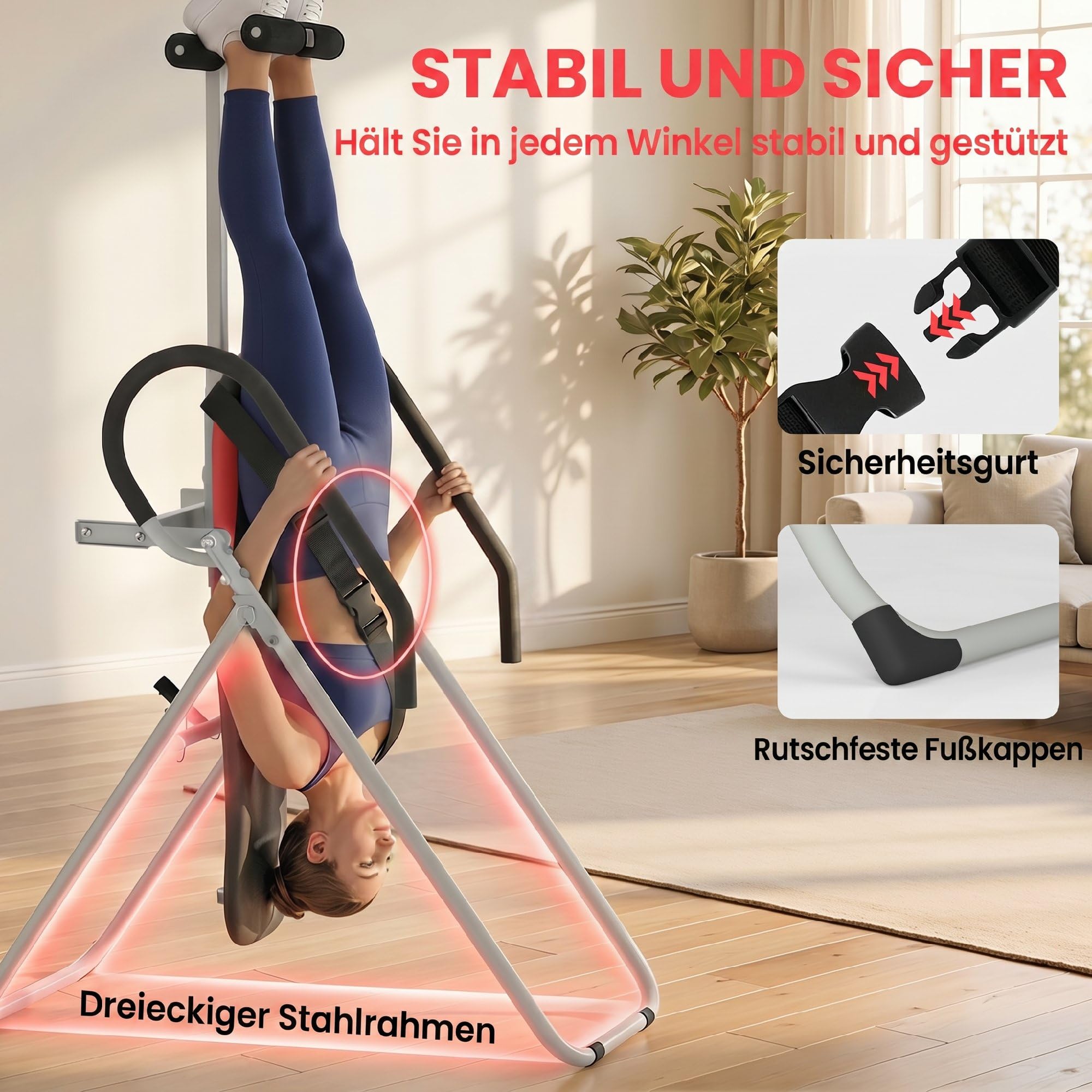 SPORTNOW Inversionsbank Klappbar Inversionstisch mit Verstellbarem Knöchelverschluss Sicherheitsgurt, Ruschfest Schwerkrafttrainer zur Entlastung der Wirbelsäule Streckbank bis 120kg