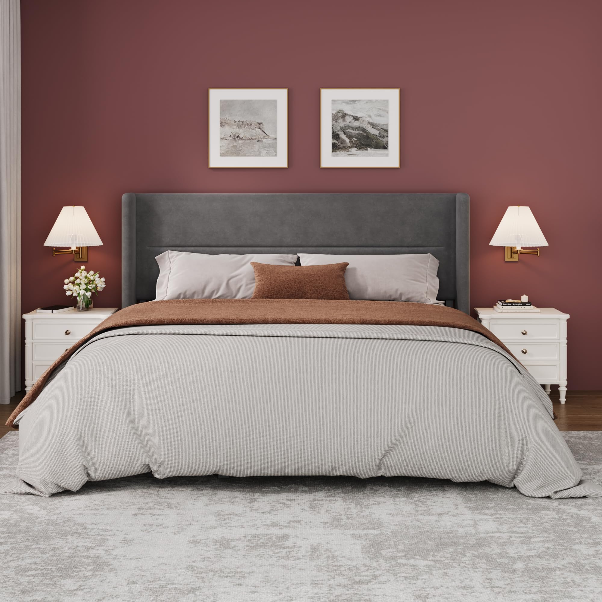 GarveeHome King Size Bed Frame with Wingback Headboard Velvet Upholstered Platform Bed Frame Strong Wooden Slats No Box