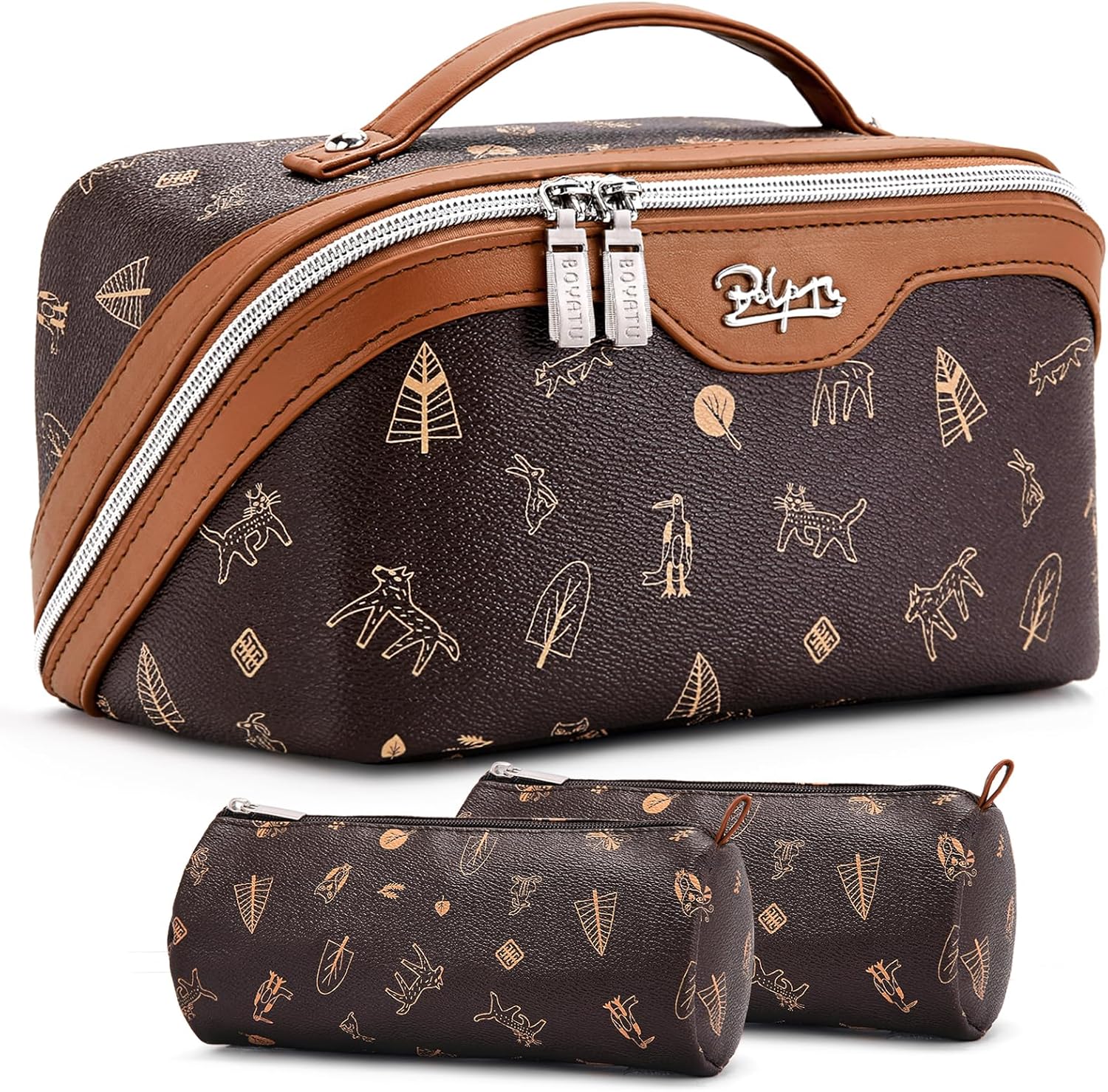 BOYATU Travel Makeup Bag Cosmetic Bags for Women: 3 Pcs Set Portable Make up Bag with Handle - PU Leather Toiletry Bags with Compartments - Makeup Organizer for Travel Essentials(L-1-Brown)