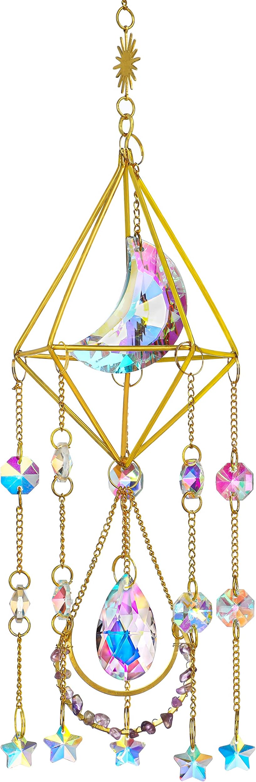 H&D HYALINE & DORA Handmade Crystal Suncatcher Wind Chimes with Glass Moon Star Prism,Hanging Sun Catcher for Windons Garden Decoration