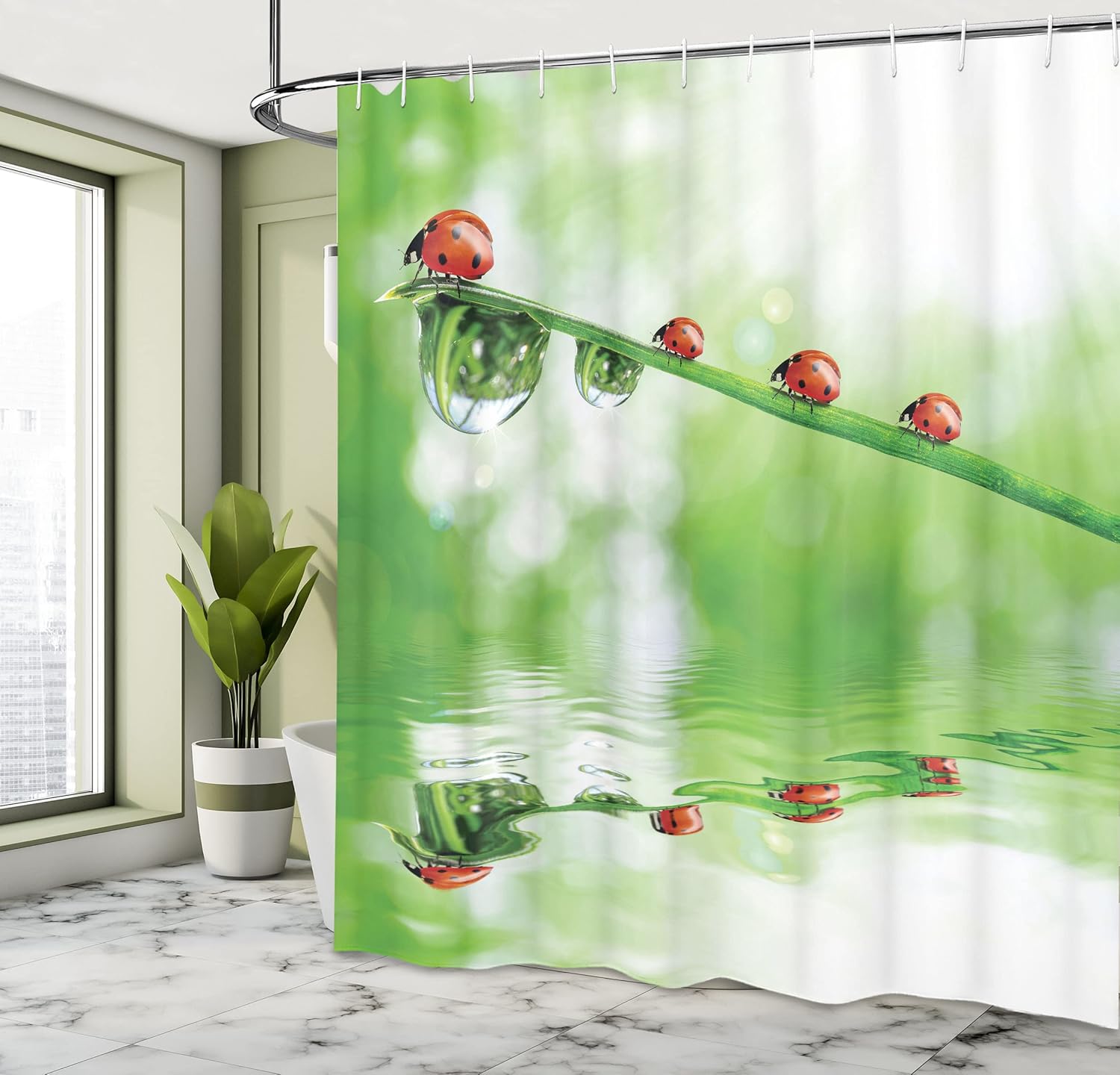 Ambesonne Ladybugs Shower Curtain, Ladybugs on a Stem Over The Water Striped Animals Fresh Environmental Life Image, Cloth Fabric Bathroom Decor Set with Hooks, 69" W x 70" L, Red Green