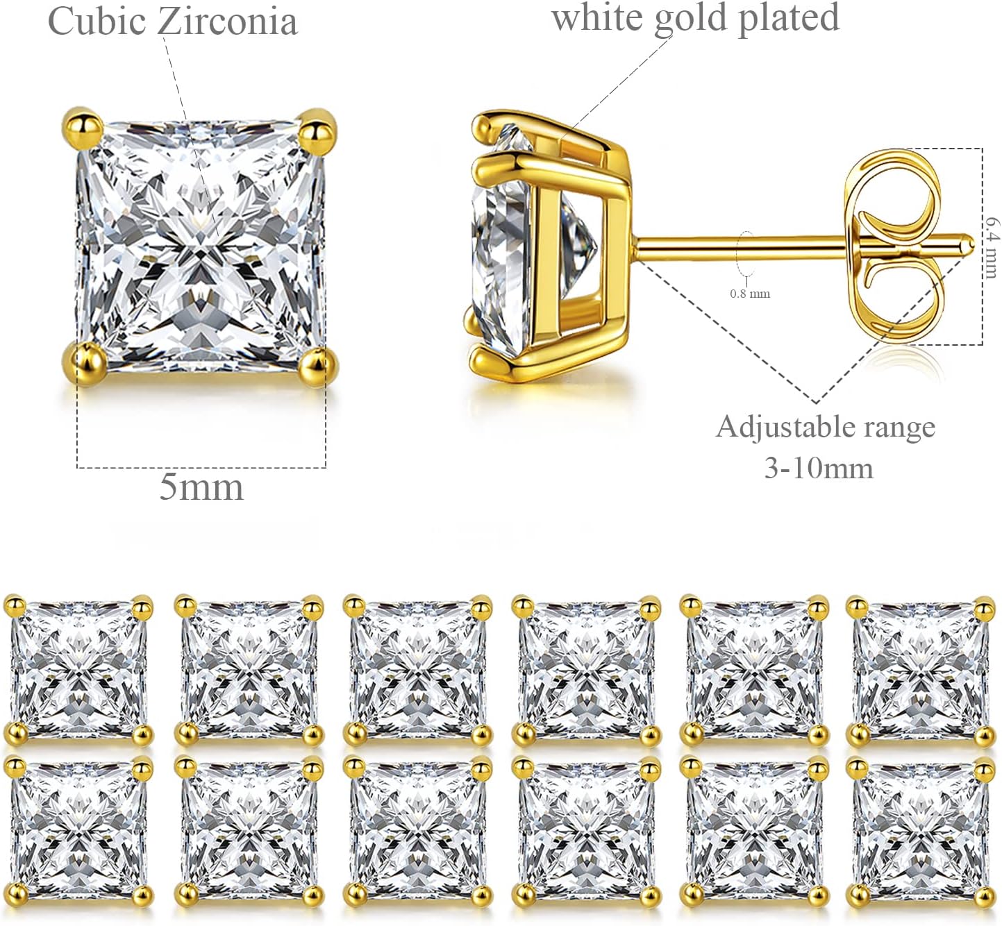 MDFUN 18K White Gold Plated Princess Cut Clear CZ Stud Earrings Set