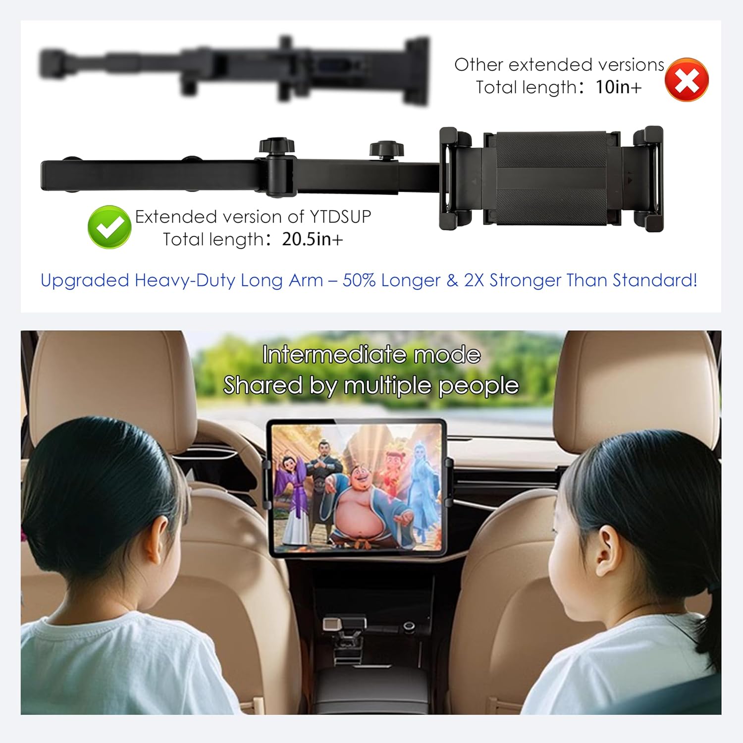 2026 Tablet Holder for Car Headrest 2 Pack [3 in 1 Sturdy Upgrade Extension Arm] 360° Rotating Adjustable for iPad/Phone Headrest Mount, for Most Tablets/Phones, Fit Larger Tablet - Black